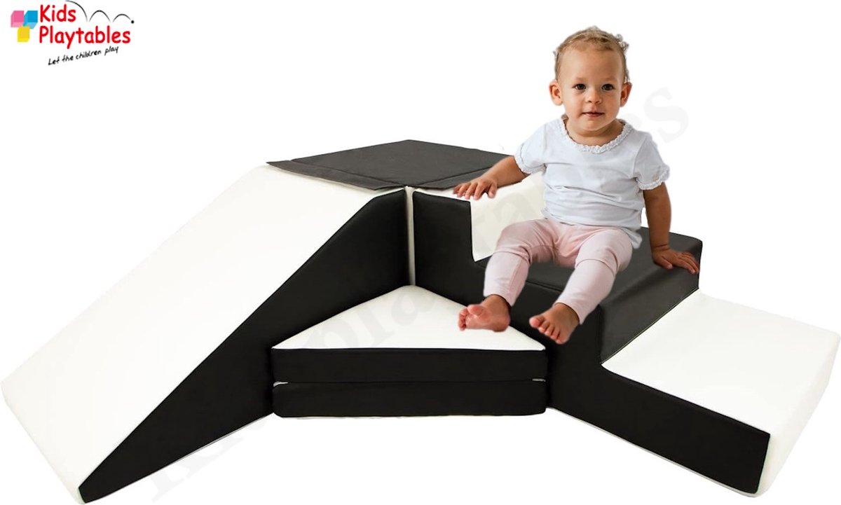 Zachte Soft Play Foam Blokken 4-delige set glijbaan met trap Zwart-Wit | grote speelblokken | motoriek baby speelgoed | foamblokken | reuze bouwblokken | Soft play peuter speelgoed | schuimblokken